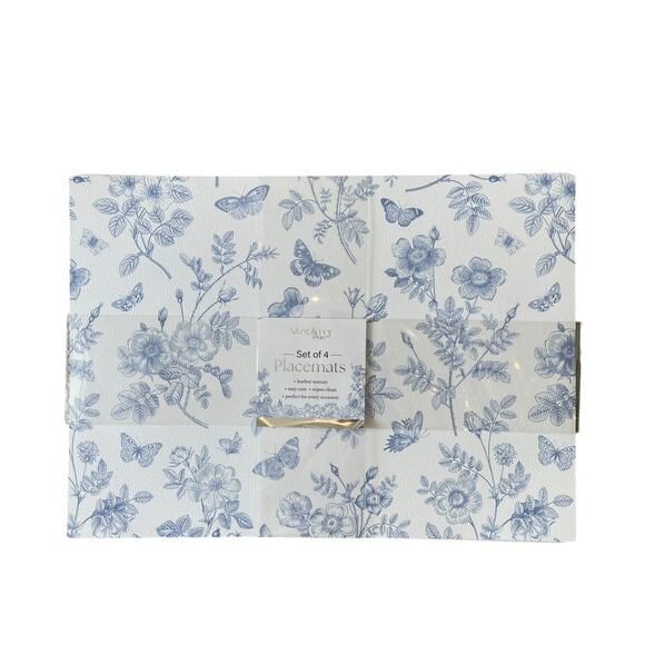 Mint & Ivy Faux Leather Placemats 13x18 Blue & White Floral Butterfly Set of 4 - Picture 4 of 10